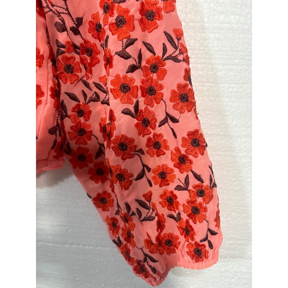 Free People Embroidered Peasant Blouse Coral Floral Boho Long Sleeve Size XS - Picture 6 of 11